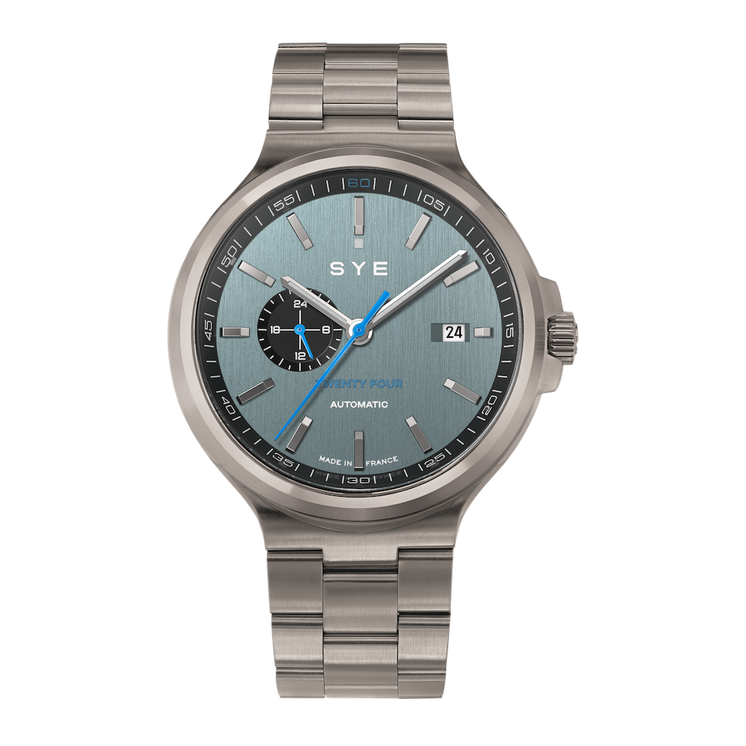 Silver watch with a blue accent on a white background