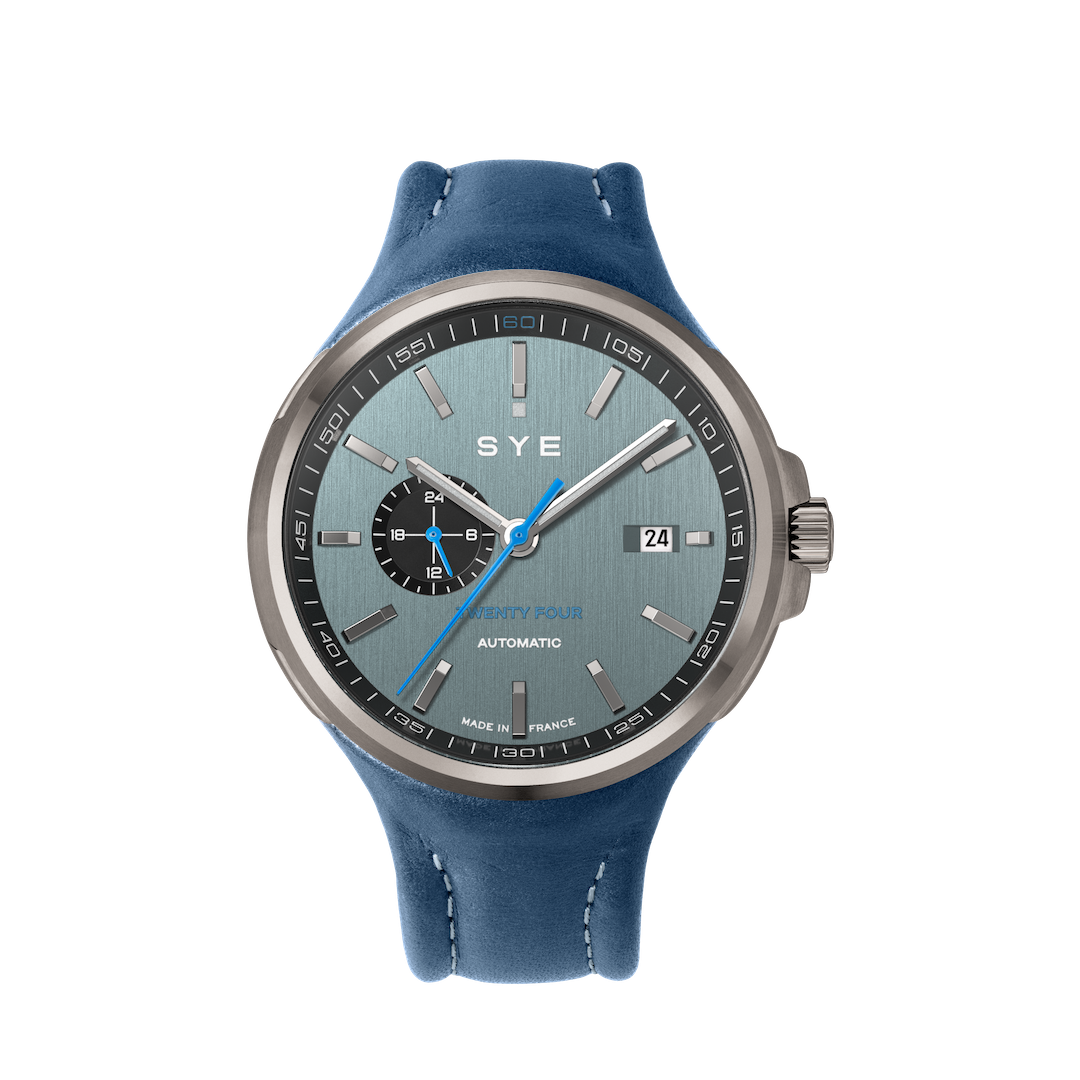Blue SYE watch with a detailed face on a white background
