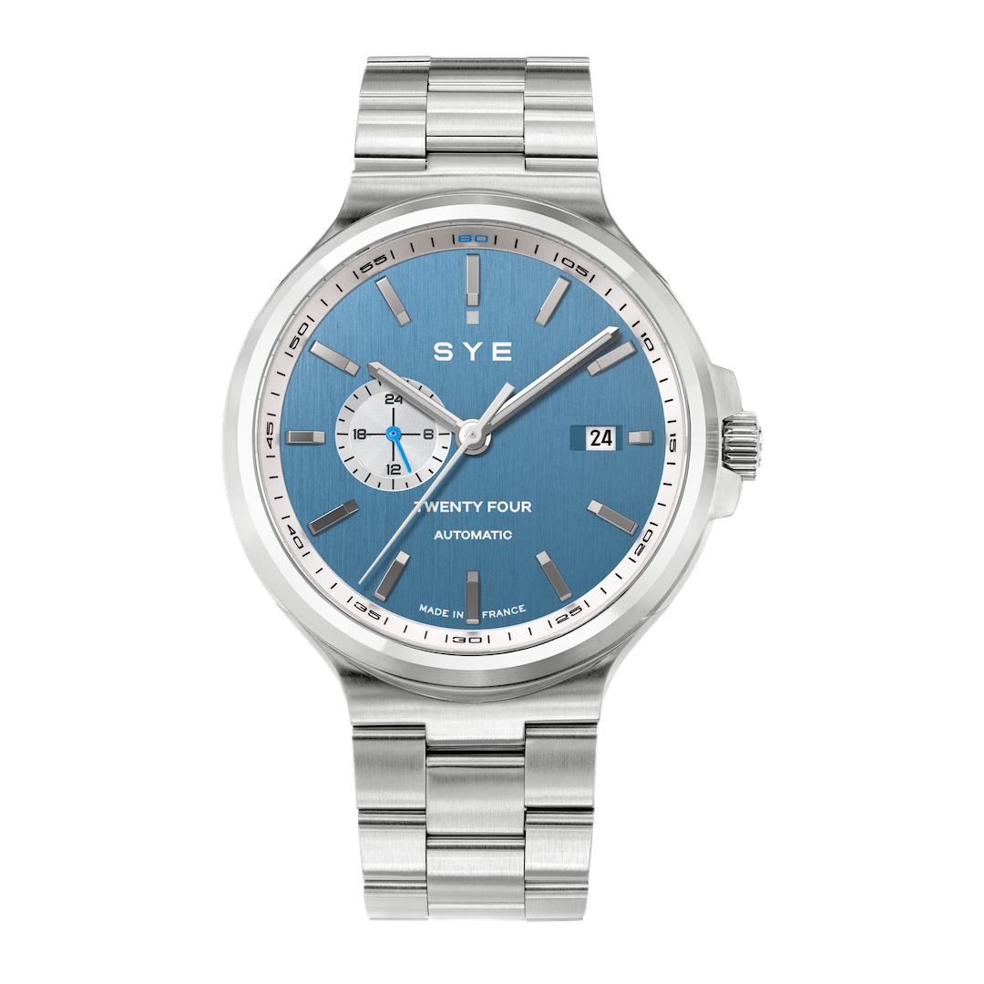 Silver watch with blue face on a white background