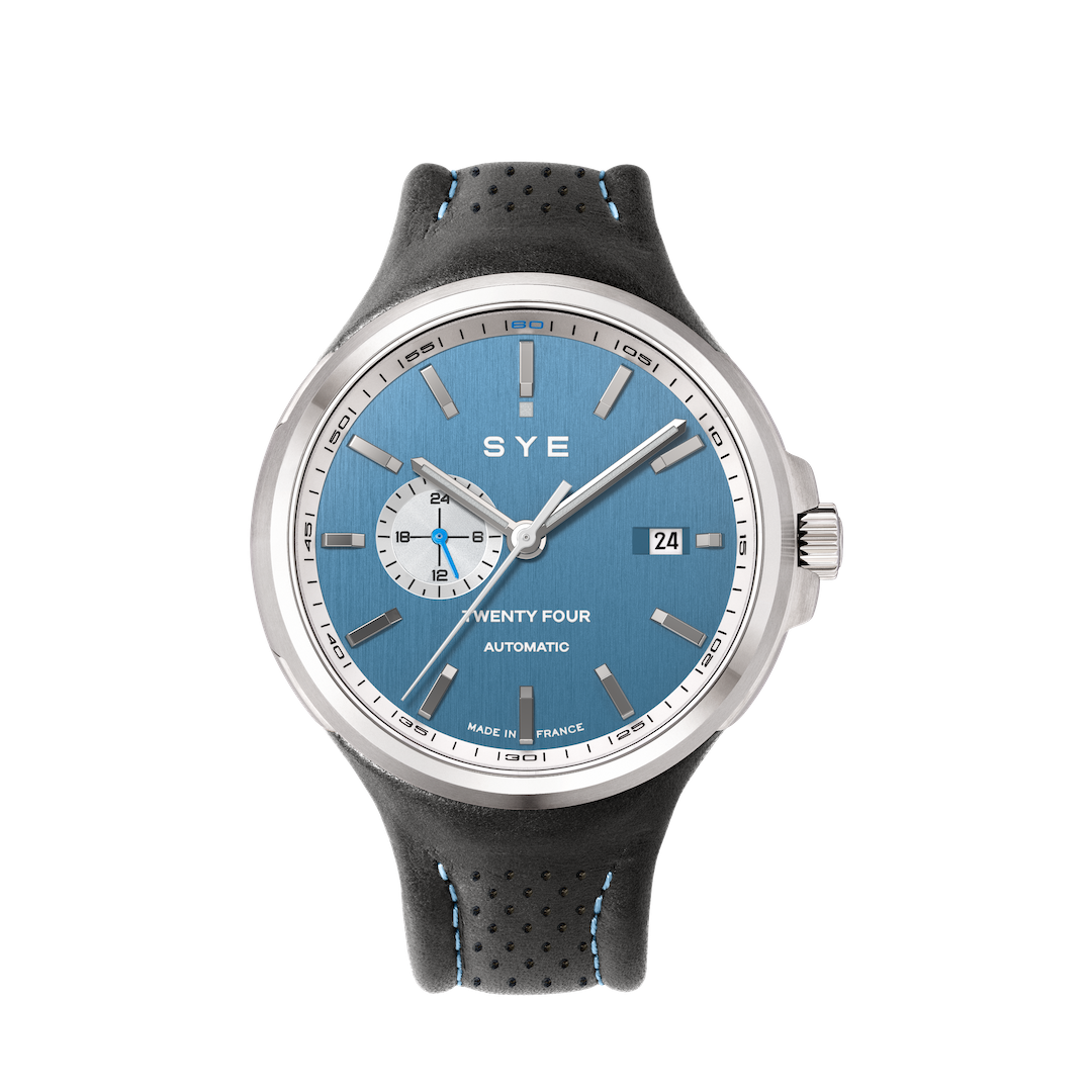 Wristwatch with blue dial and black strap on a white background