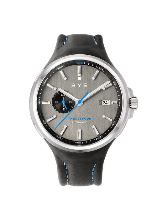 SYE watch with gray dial and black strap on a white background