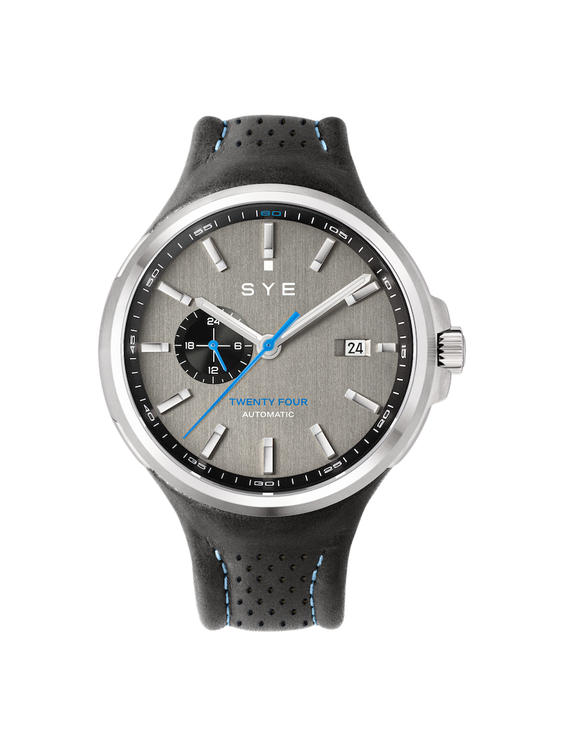 SYE watch with gray dial and black strap on a white background