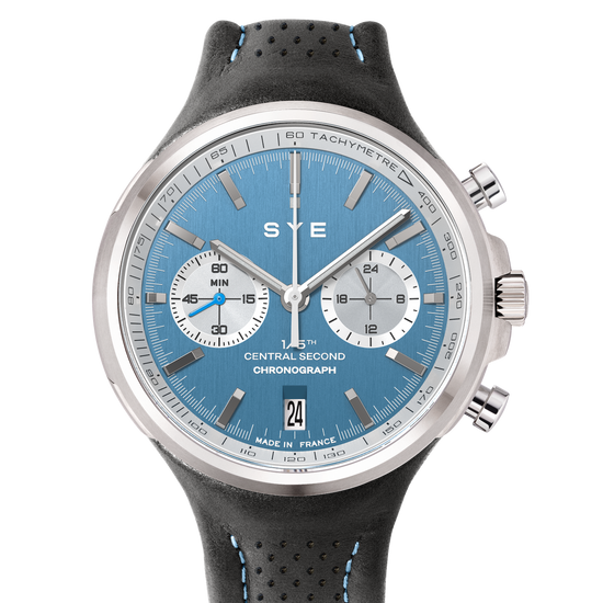 Watch with blue dial and black strap on a white background
