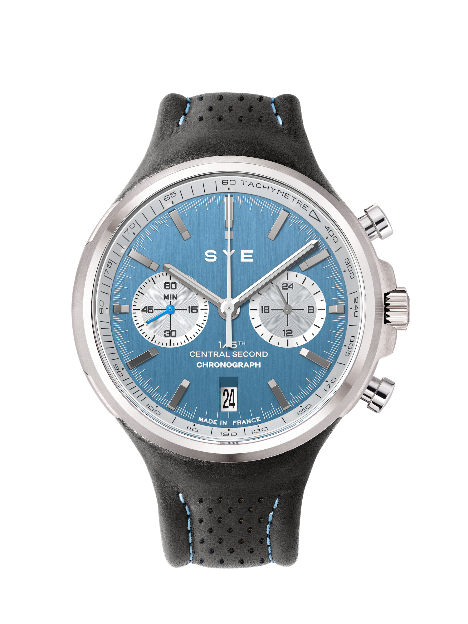 Watch with blue dial and black strap on a white background
