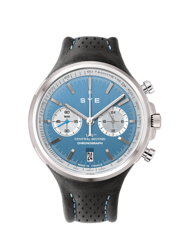 Watch with blue dial and black strap on a white background
