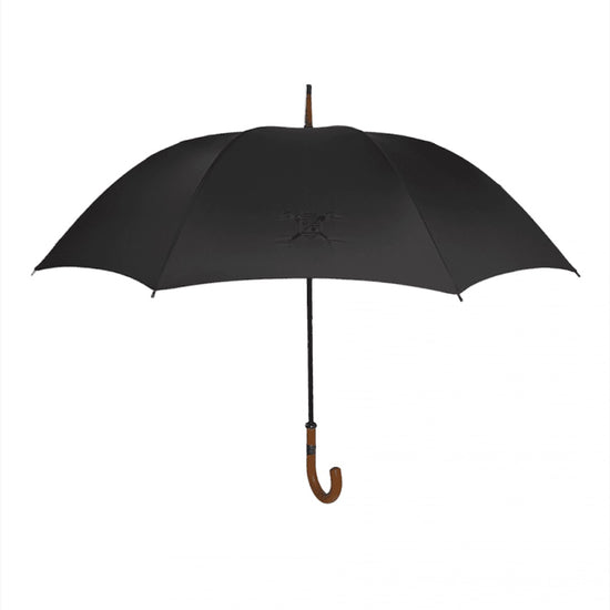 Black umbrella with wooden handle on a white background