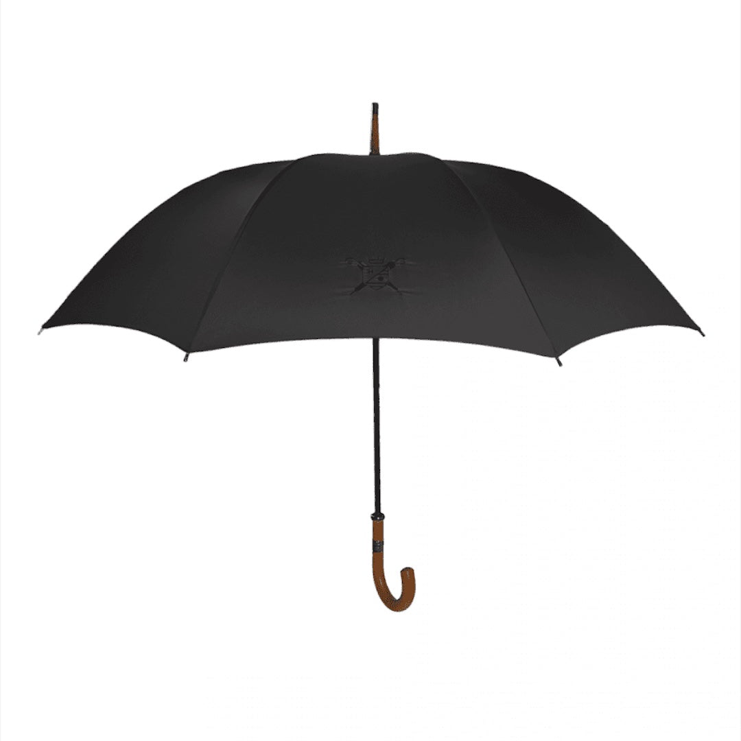Black umbrella with wooden handle on a white background