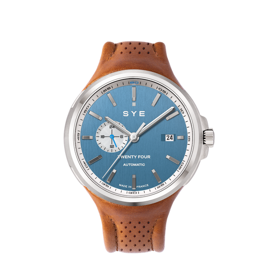 Watch with brown leather strap and blue dial on a white background