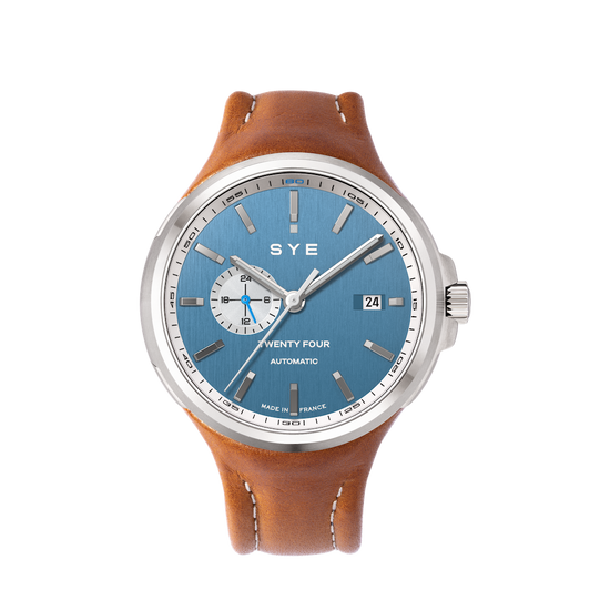 Watch with brown leather strap and blue dial on a white background