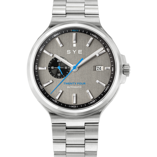 Silver watch with a gray face on a white background