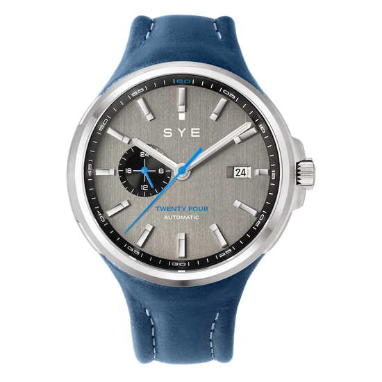 SYE watch with blue strap and gray dial on a white background