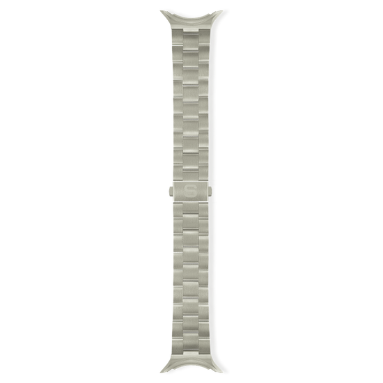 Silver watch strap on a white background
