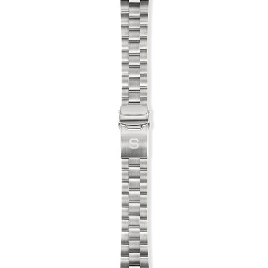 Silver watch strap on a white background