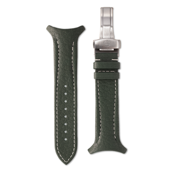Green leather watch strap with silver clasp on a white background