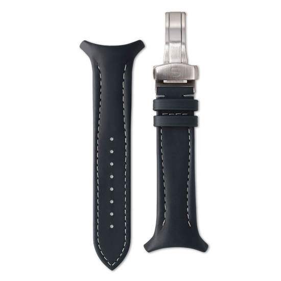 Black leather watch strap with silver clasp on a white background