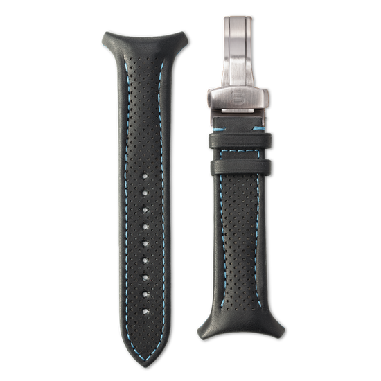 Black perforated watch strap with silver clasp on a white background