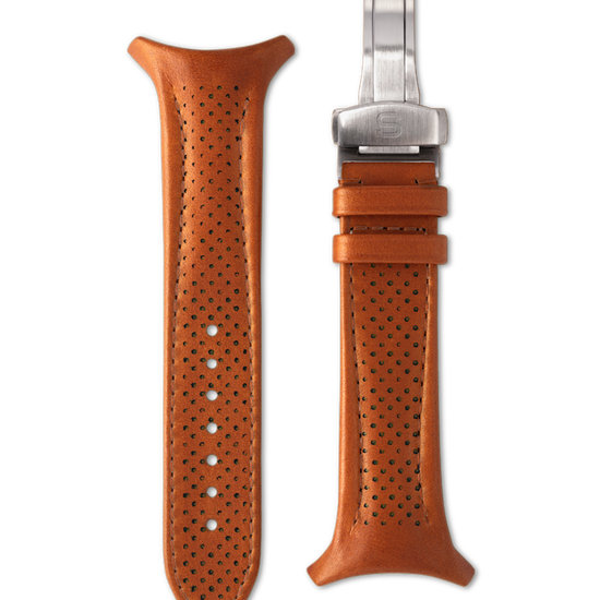 Brown perforated leather watch strap with silver clasp on a white background