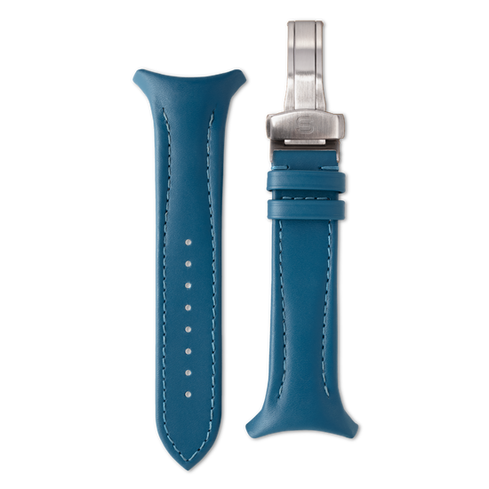 Blue watch strap with silver clasp on a white background