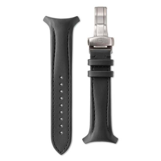 Black watch strap with silver clasp on a white background