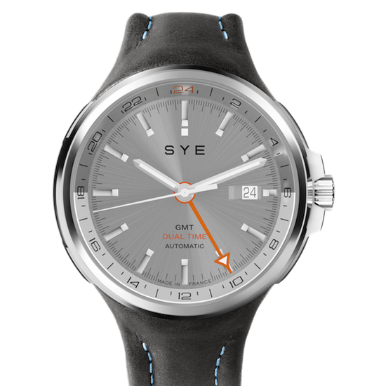 SYE watch with gray dial and black leather strap on a white background