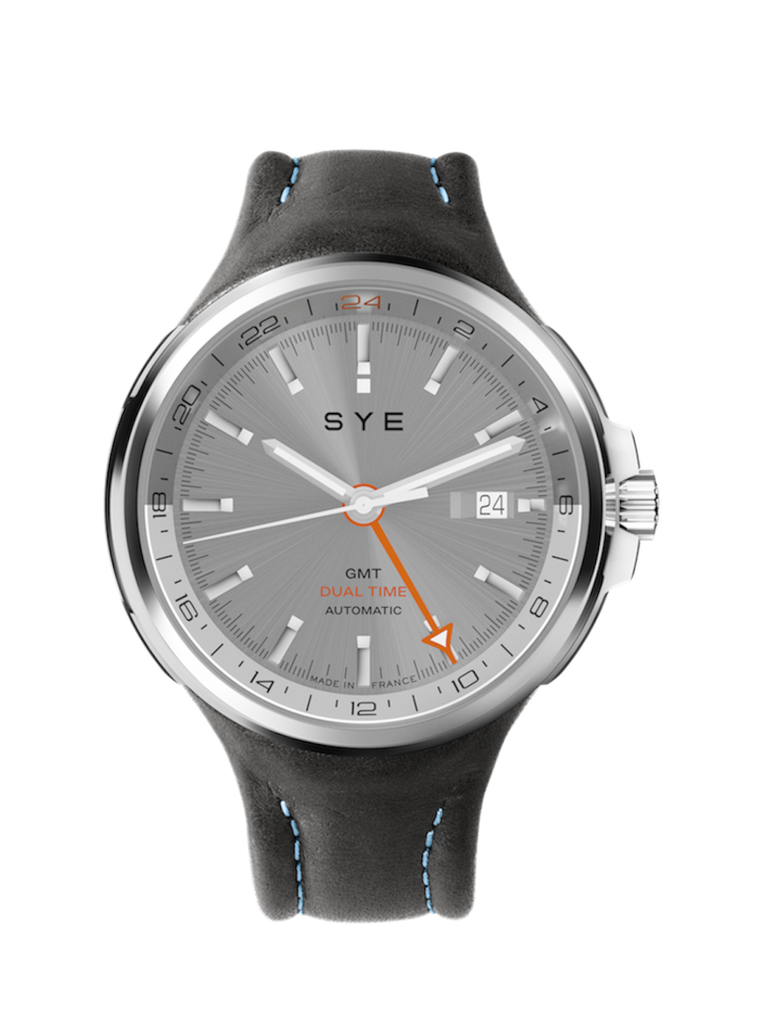 SYE watch with gray dial and black leather strap on a white background