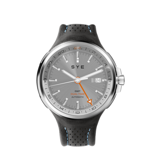 SYE watch with gray dial and black strap on a white background