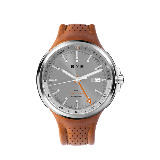 Watch with brown leather strap and gray dial on a white background