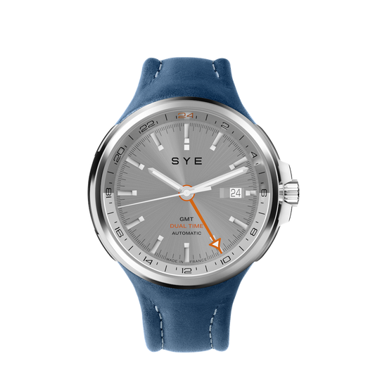 Watch with blue strap and gray dial on a white background