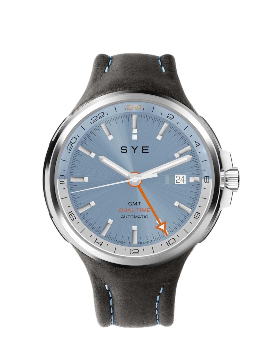 Watch with blue dial and gray strap on a white background