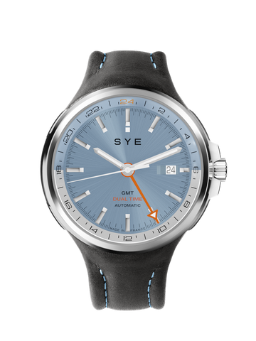 Watch with blue dial and gray strap on a white background