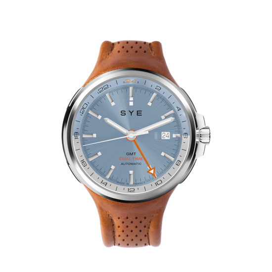 Watch with brown leather strap and blue dial on a white background