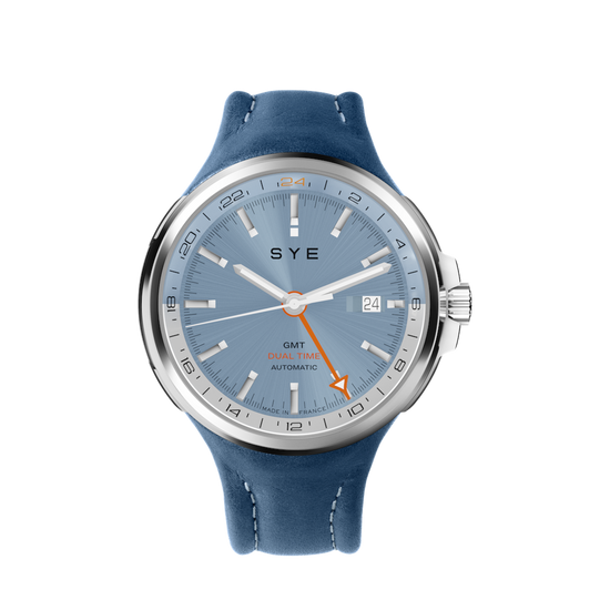 Blue watch with silver case and blue strap on a white background