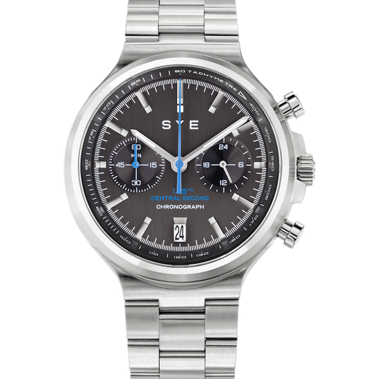 Silver watch with a black face on a white background