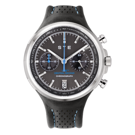 Black watch with a detailed face on a white background