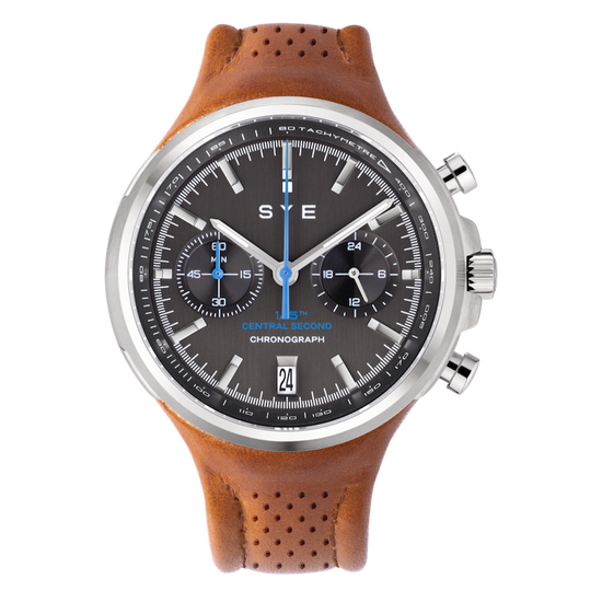 Wristwatch with brown leather strap and black dial on a white background