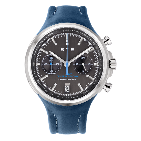 Blue watch with a silver case on a white background