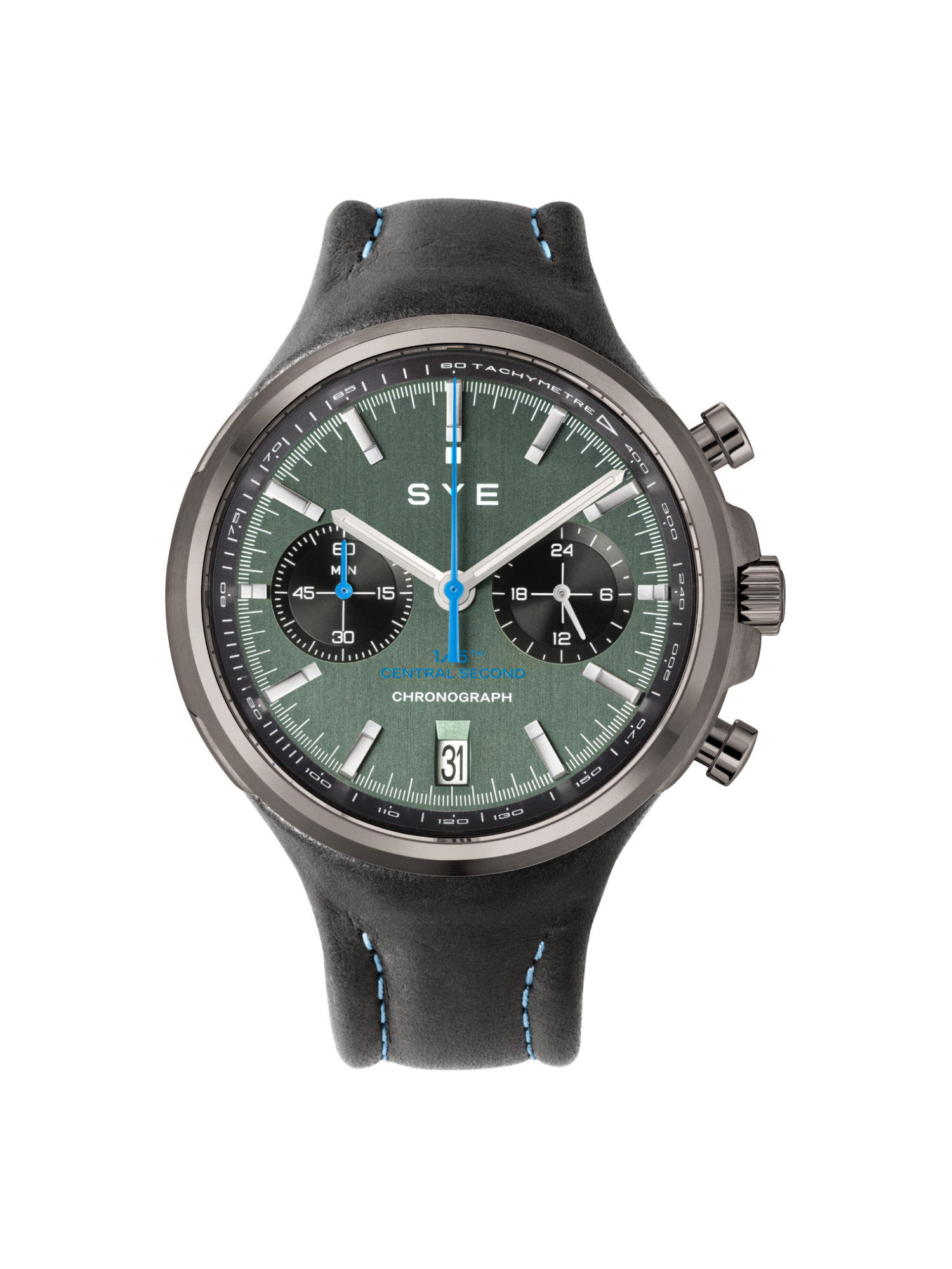 SVE watch with green dial and black strap on a white background