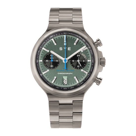 Silver watch with a green dial on a white background