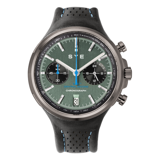SVE watch with green dial and black strap on white background
