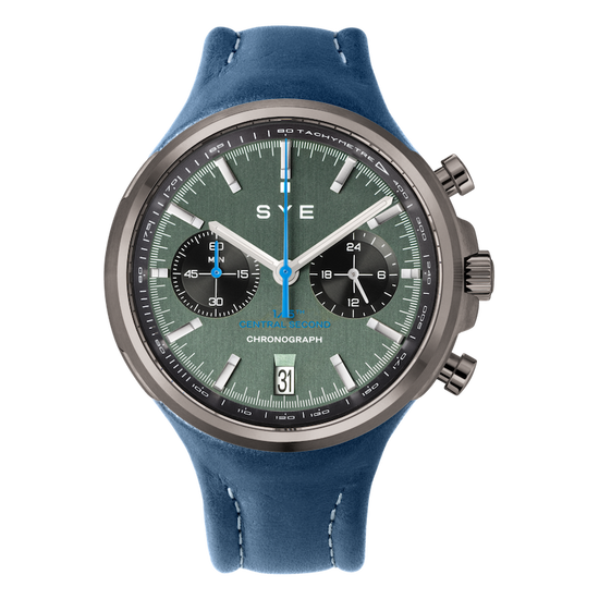 Wristwatch with blue strap and green dial on a white background