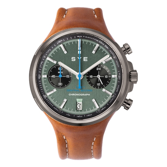 Watch with brown leather strap and green dial on a white background