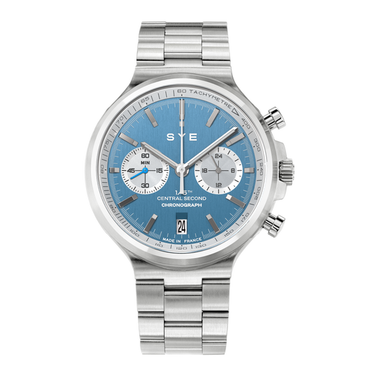 Silver watch with blue face on a white background
