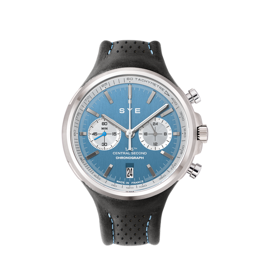 Wristwatch with blue dial and black strap on a white background