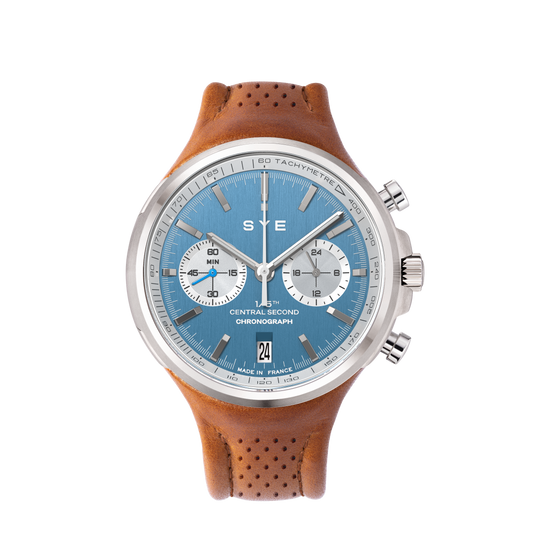 Wristwatch with brown leather strap and blue dial on a white background