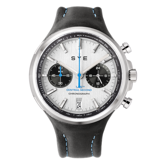 SVE watch with a black strap and white face on a white background
