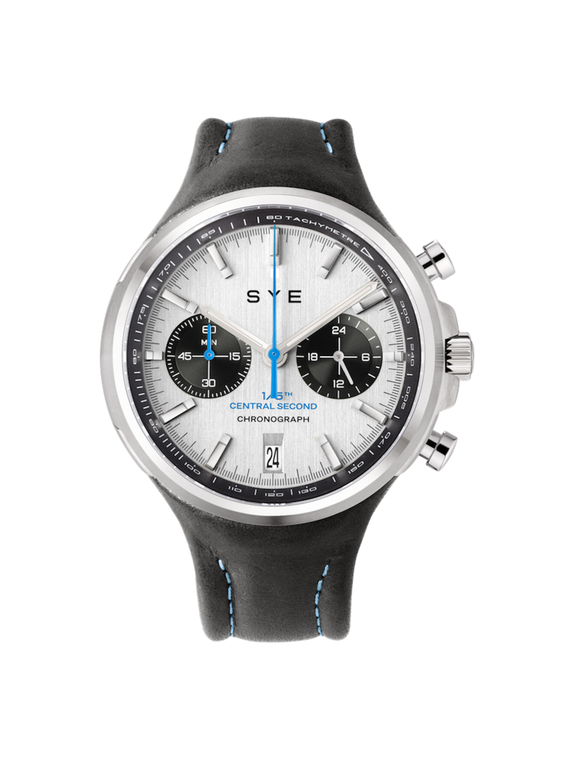 SVE watch with a black strap and white face on a white background