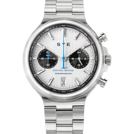Silver watch with a white face on a white background