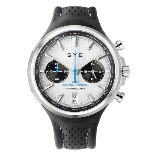 SVE watch with black strap and white face on a white background