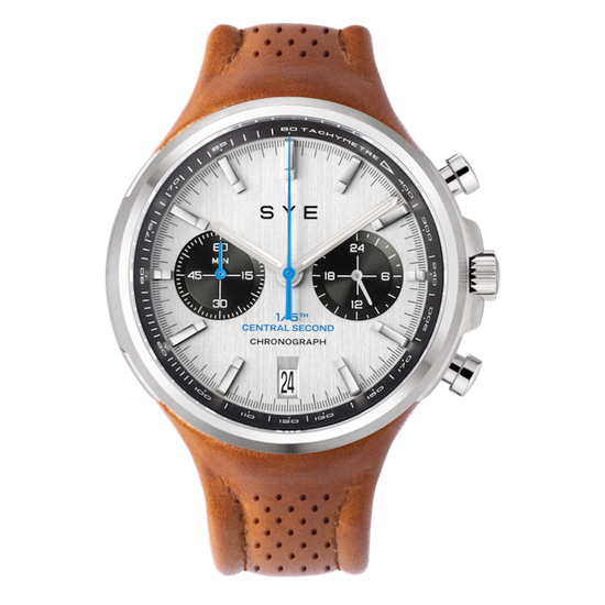 Wristwatch with brown leather strap and white face on a white background