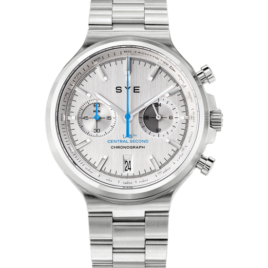 Silver SYE watch with a detailed face on a white background